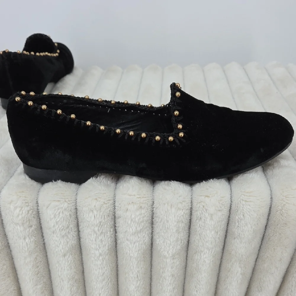 Ramon Tenza Black Velvet Slip-On Loafers with Gold Stud Accents